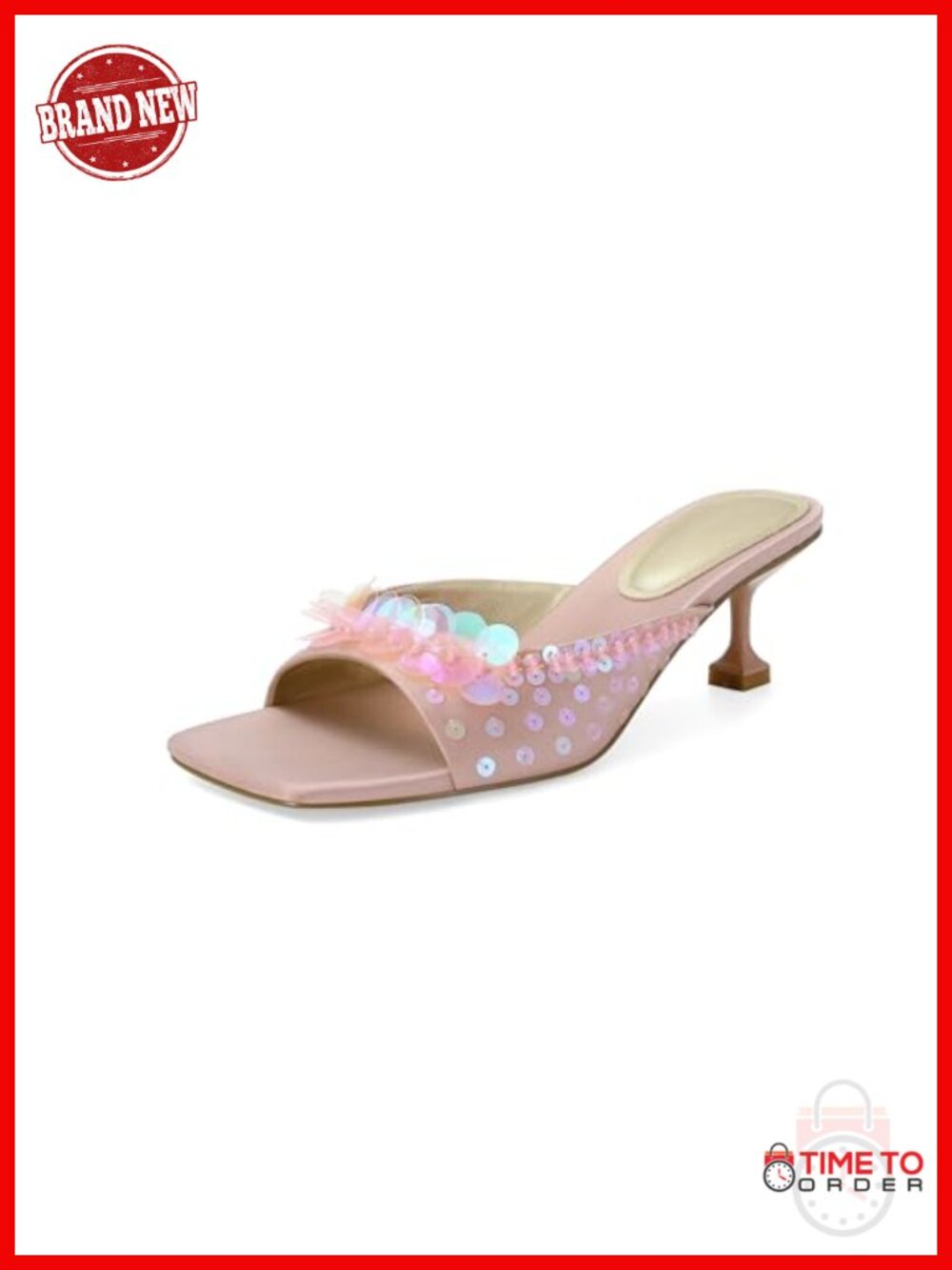 SOVANYOU Women's Sequin Kitten Heels Square Toe Slip-On Mules Floral Sandals